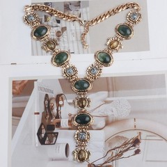 Vintage Glam Green stone Tiger Eye Choker Gold Victorian Statement Necklace gift