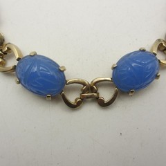 Vintage Scarab Necklace Egyptian Revival Blue Glass Gold Tone Choker 15 Inch