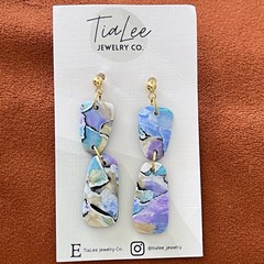 Rectangle Dangle Pierced Earrings Blue, Purple, White Swirl Glam MCM Gold Tone