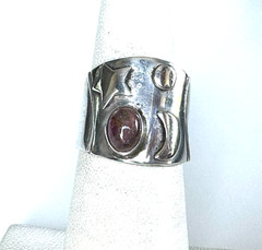 Vintage 925 Sterling Silver Wide Band Ring Pink Cabochon Star Sz 5.5