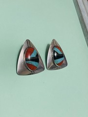 N/A? Zuni Style Mosiac Sterling Silver Earrings Clip-on Large Vintage/Retro 20g