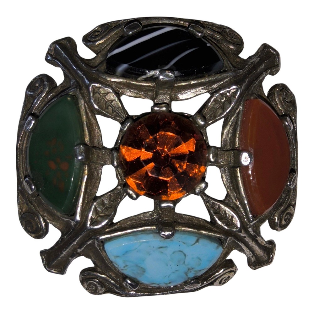 Vintage Miracle Celtic Brooch Scottish Agate Style Glass/Rhinestone Multicolor