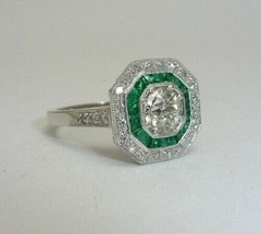 Art Deco Style Lab Created Diamond & Emerald Anniversary 14K White Gold FN Ring
