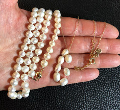 Genuine Cultured Pearl Strand Necklace + Bead Chain Necklace Gold Tone P26