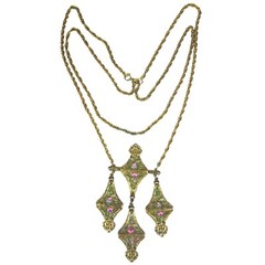 Enamel Floral Dangle Pendant Necklace 21 in Goldtone Multi Strand Chain Vintage