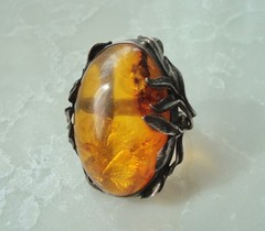LARGE 1 ½” x 1 ⅜” Vintage AMBER STERLING Silver LEAVES RING 19.5 grams Size 8