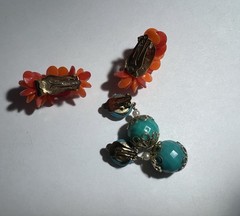 Vintage Lot Of 2 1960s Clip On Earrings Hong Kong Orange Petal Turquoise Dangle