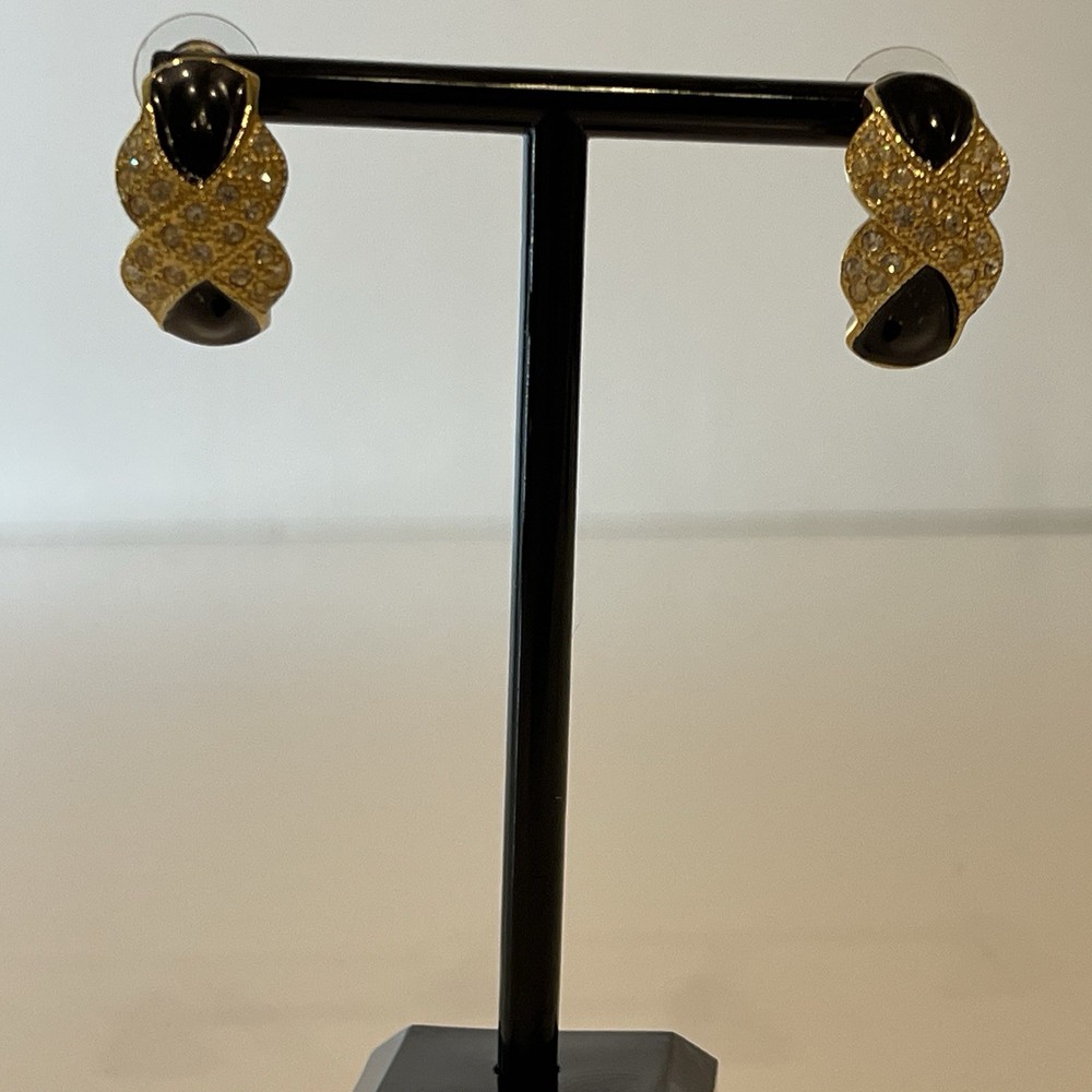 Roman Earrings X Criss Cross Rhinestones Black Enamel Gold Tone Pierced Vintage