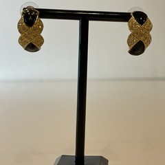 Roman Earrings X Criss Cross Rhinestones Black Enamel Gold Tone Pierced Vintage