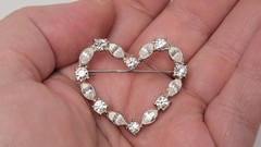 Navette & Round Rhinestones Heart Shaped Brooch Pin Silver Tone