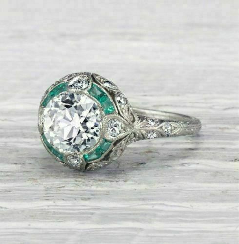 Art Deco Round Lab Created Diamond & Emerald Wedding 14Ct White Gold Finish Ring
