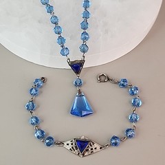Vintage Art Deco Necklace Bracelet Set Blue Glass 16″