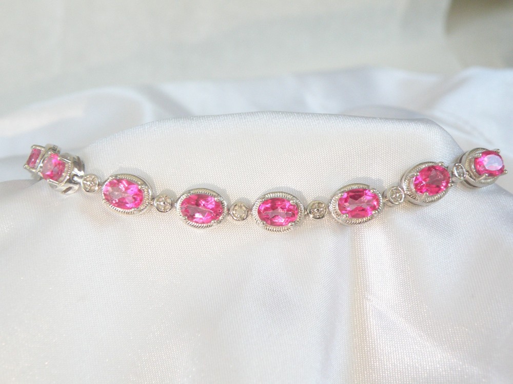 Sterling Silver 925 Natural Pink Topaz Diamond Tennis Bracelet 7.5″