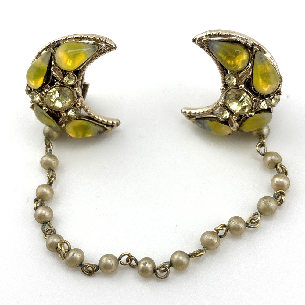 Vintage Sweater Guard Clip Crescent Moon Yellow Glass Teardrop Cabochons