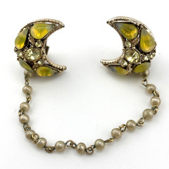 Vintage Sweater Guard Clip Crescent Moon Yellow Glass Teardrop Cabochons