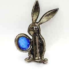 Rabbit Bunny Holding Blue Faceted Egg Silver Tone Vintage Brooch Pin Distressed
