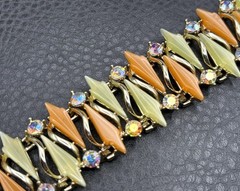 VTG Thermoset Green Orange Leaf Mod Bracelet Aurora Borealis AB Rhinestone
