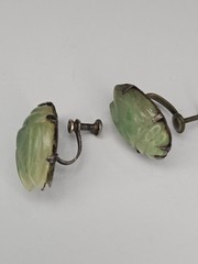 Vintage Carved Green Jade Jadeite Leaf Cicada Sterling Silver Screw Back…