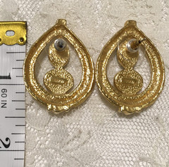 Vintage Statement Earrings Gold Tone Black White Cabochons Textured Teardrop