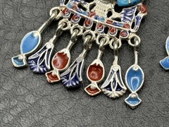 Sterling Silver Egyptian Revival Enamel Chandelier Earrings Scarab Hieroglyph