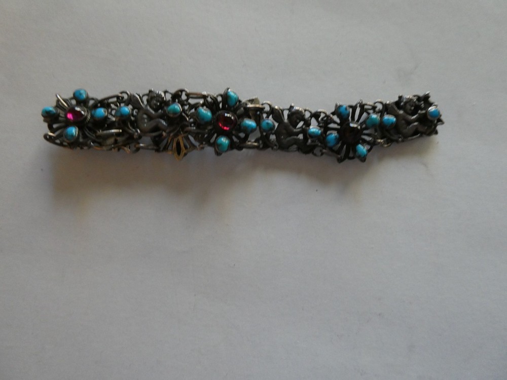 Antique-English Art Nouveau Bracelet with Garnets and Turquoise-Preowned