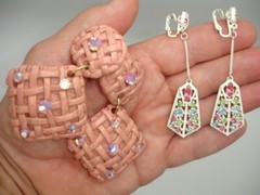 vtg. JEFF LIEB clip on dangle jeweled weave pattern earring set pink multicolor