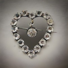 Antique Victorian Clear Paste Stones Heart Silver Brooch & Paste Dangle Center