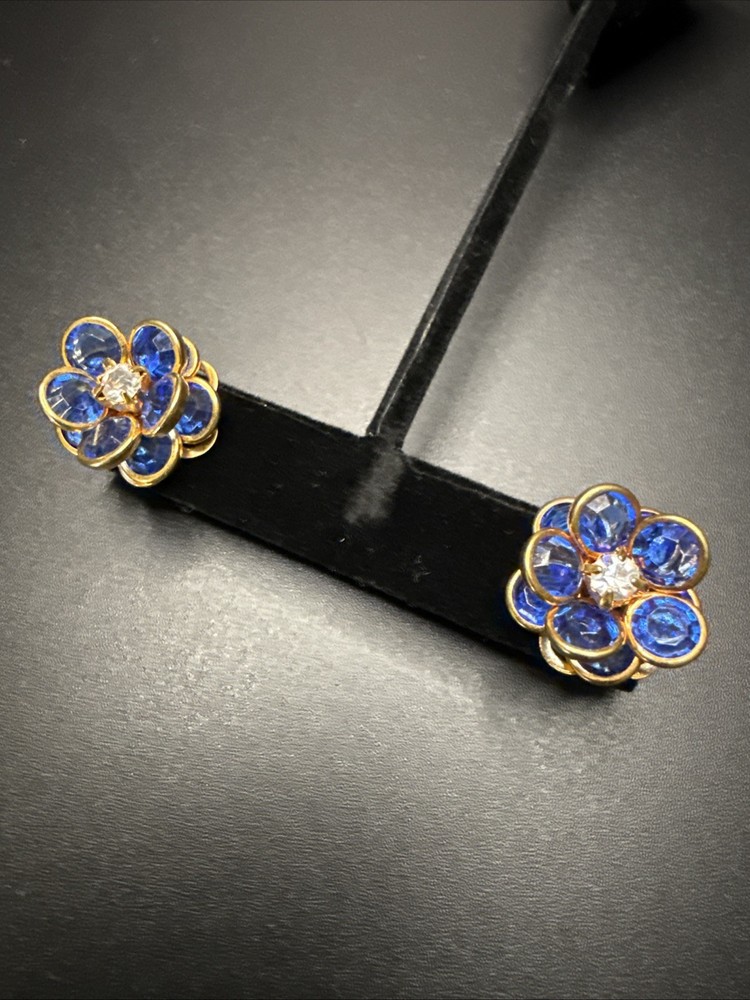 VTG Earrings BEZEL Blue Glass ~ CRYSTAL CLUSTER Pierced ~ Elegant Gift For Her