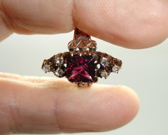 old antique 14K Rose Gold Victorian RING purple red gem Diamond Triads 3.75 2.6g
