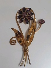 Sterling silver gold plated prong set purple glass flower & stem leaf brooch