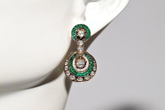 Vintage Circa 1970s 18k Gold Natural Rose Cut Diamond And Emerald Drop Earring