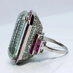 Vintage Art Deco Style 7CT Aquamarine & Ruby Halo Wedding Ring 14K White Gold FN