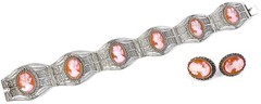 Vintage 6 Cameo Cannetille Bracelet & Cameo Earrings from Italy 800 925 Silver