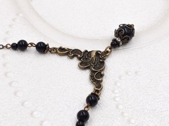 Art Nouveau Necklace Black Bead Rhinestone Antiqued Bronze Victorian Jewelry