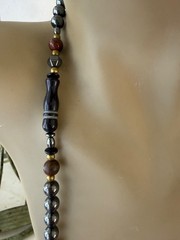 VINTAGE HAND KNOTTED HEMATITE AGATE BLACK SAND STONE LINK BEAD NECKLACE 30″