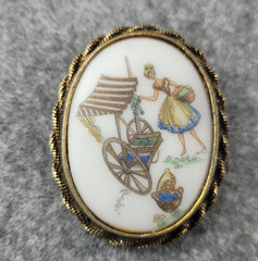 Vintage Lady Fruit and Vegetable Seller Cameo Gold Tone Brooch