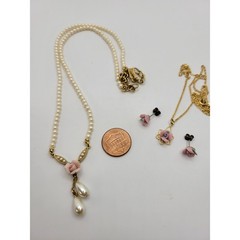 1928 Brand Pink Rose Pendant Necklace Faux Pearls Vintage Set Pierced Earrings