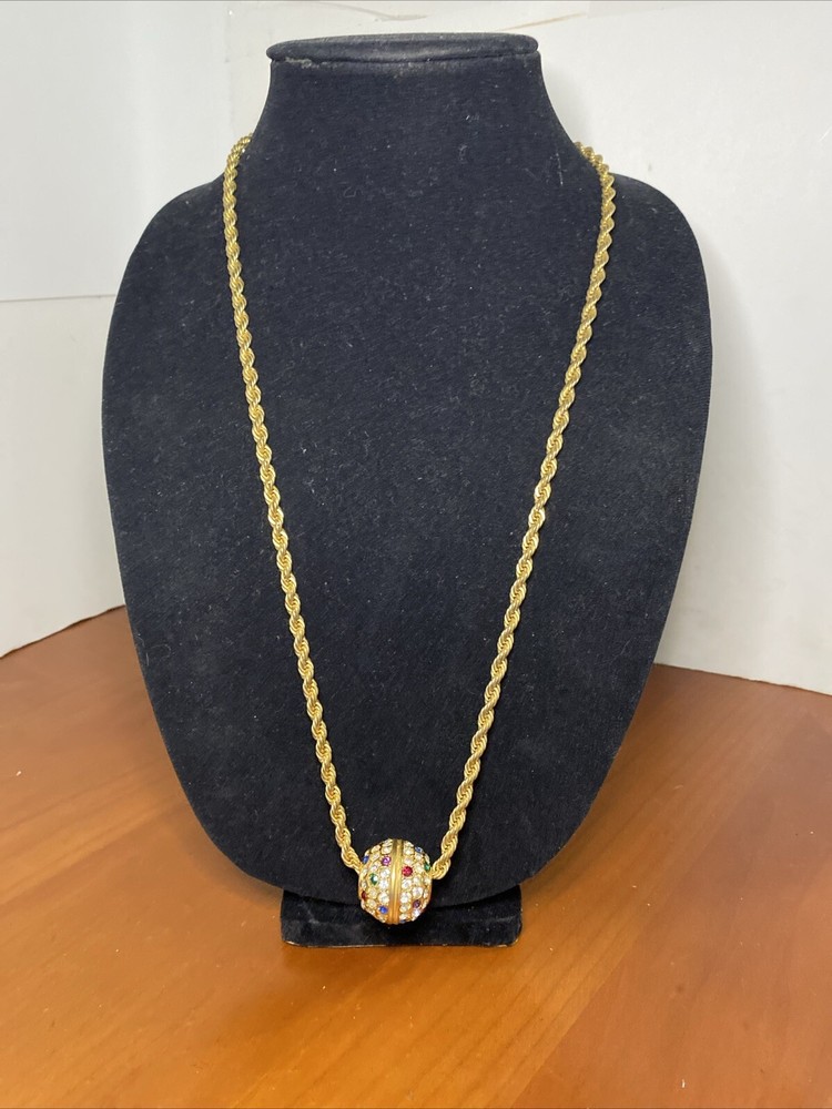 Vintage Big Gold Tone Crystal Rhinestone Ball Slide Rope Chain Necklace 28”