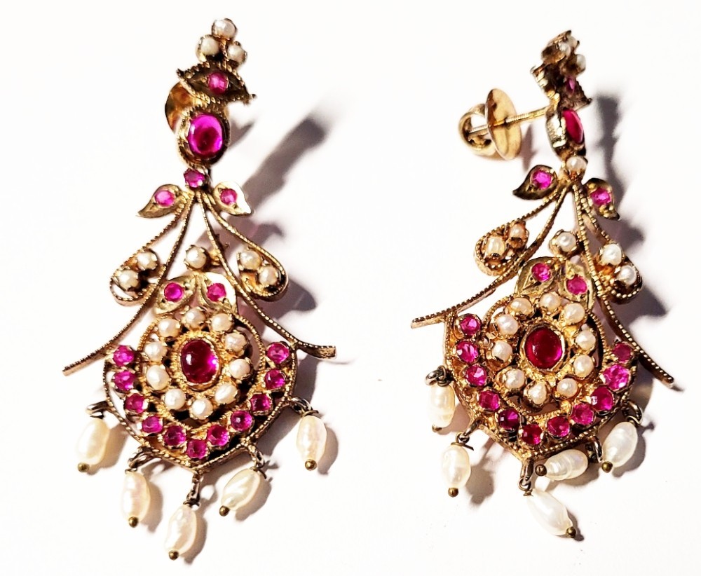 Vintage Chunky Gold Plated Kundan Wedding Earrings Simulated Ruby & River Pearls