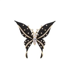 Vintage Black Enamel Butterfly Brooch Gold Tone Crystal Rhinestone Pin