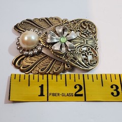Vtg Jane Davis Angel Of Love Faux Pearl Rhinestone Ribbon Mixed Metal Brooch Pin