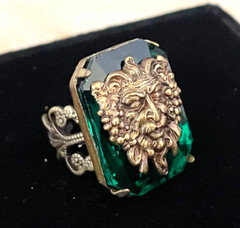 Art Nouveau Ring Green Man Centerpiece Tall Rhinestone Filigree Base