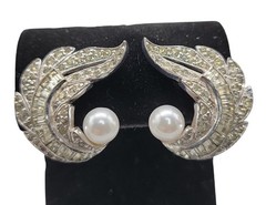 Jomaz Rhinestone Paved Winged Clip On Earrings Faux Pearl Accent Vintage Patent