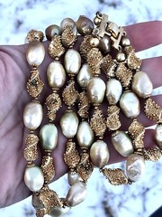 Vtg MCM Crown Trifari Faux Baroque Pearl Swirl Gold Spike Necklace & Bracelet
