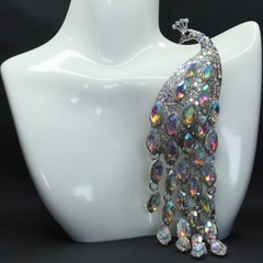Vintage Long Tailed Silver Crystal Peacock Tassel Brooch Women Accessories Pin