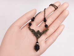 Art Nouveau Necklace Black Bead Rhinestone Antiqued Bronze Victorian Jewelry