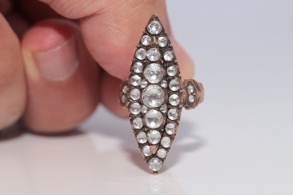 Vintage Circa 1950s 9k Gold Estate Natural Rose Cut Diamond Navette Ring