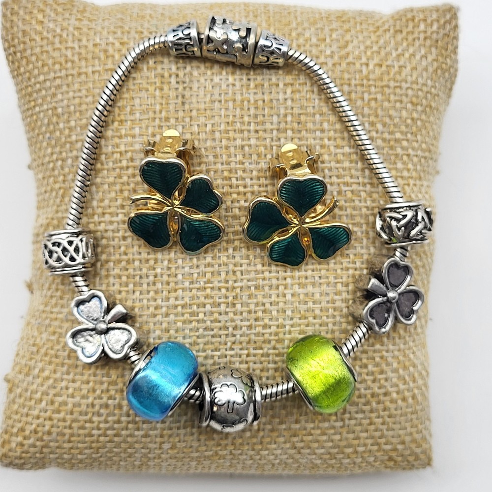 Fun Vintage Shamrock Lucky Clover Jewelry Lot Charm Bracelet Clip Earrings