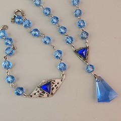 Vintage Art Deco Necklace Bracelet Set Blue Glass 16″