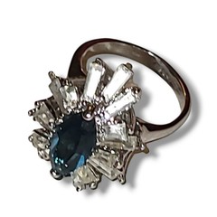 Vintage 18K HGE Blue Marquise CZ Starburst Ring Baguette Halo Cocktail Sz 9
